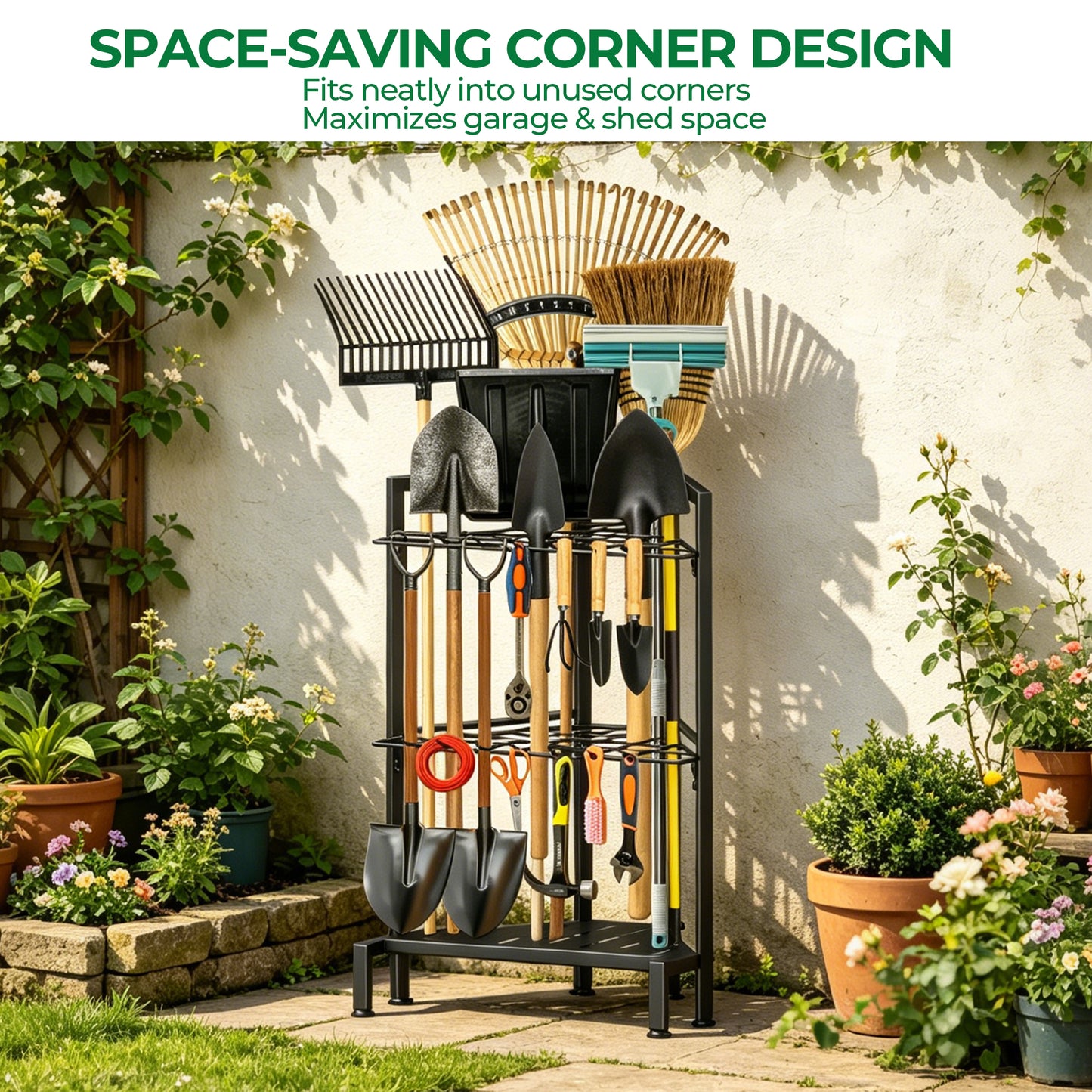 Riousery Garden Tool Organizer, Heavy Duty Metal Yard Tool Tower Rack with 34 Storage Slots & 14 Hooks for Garage Organization and Storage