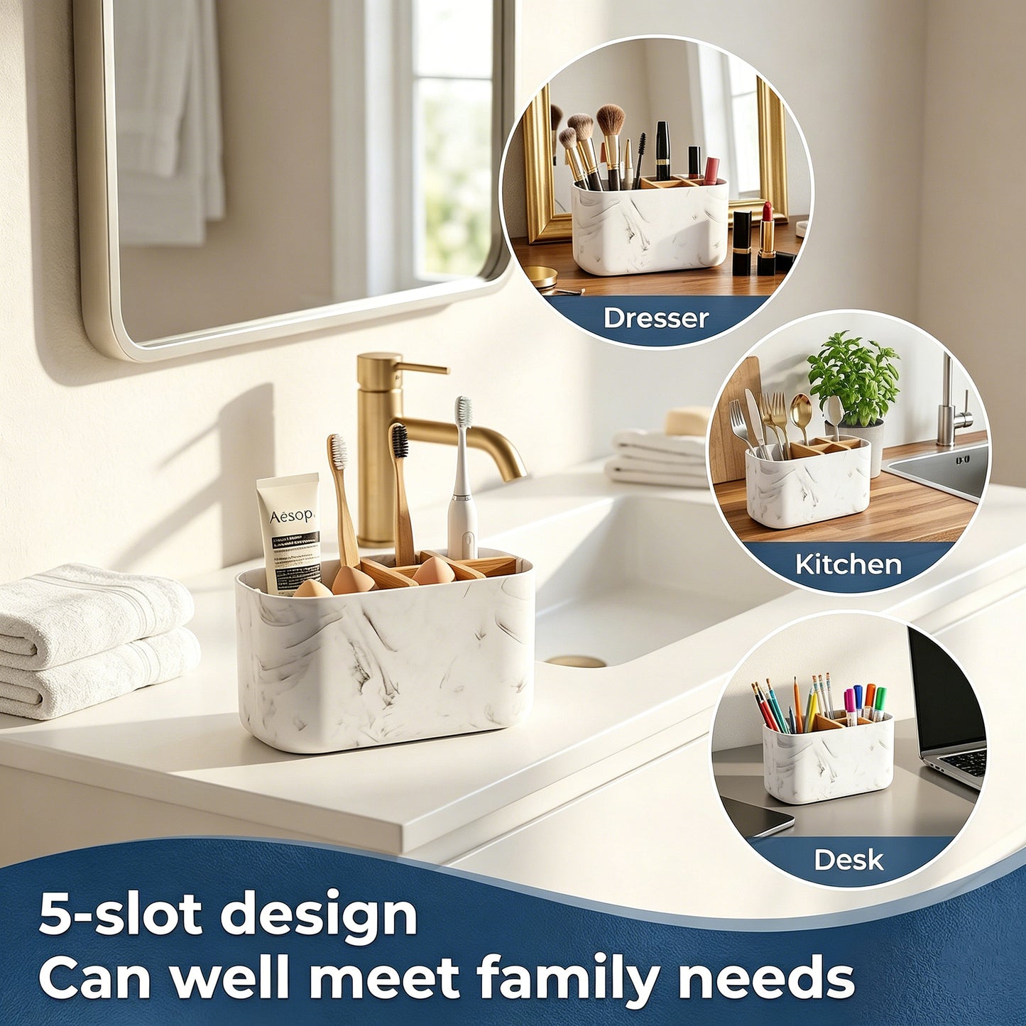 AOLIGO 5 Slot Toothbrush Holder for Bathroom, Electric Toothbrush Organizer with Removable Compartment,  Marble White