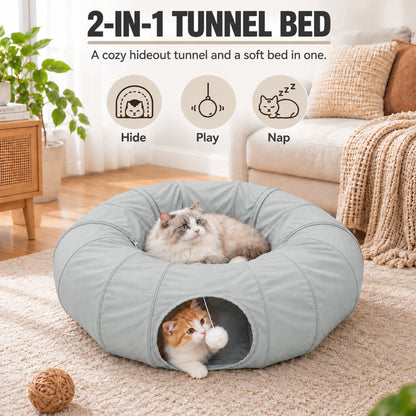 Tolobeve Foldable Cat Tunnel with Cushion Bed, Double-Layer Fabric Modular Tube Toy for Indoor Cats, Gray