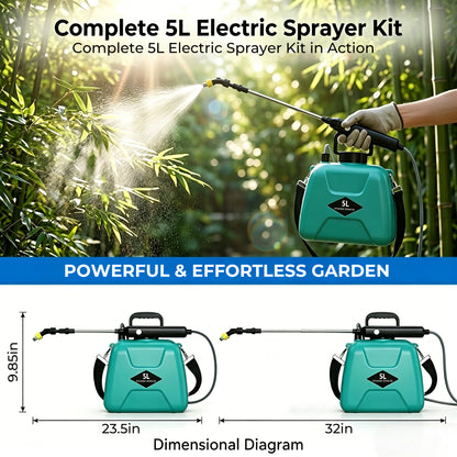 OHHANI Battery Powered Sprayer, 5L Cordless Electric Portable Garden Sprayer with USB Rechargeable Handle Telescopic Wand 4 Nozzles,  for Lawn Garden