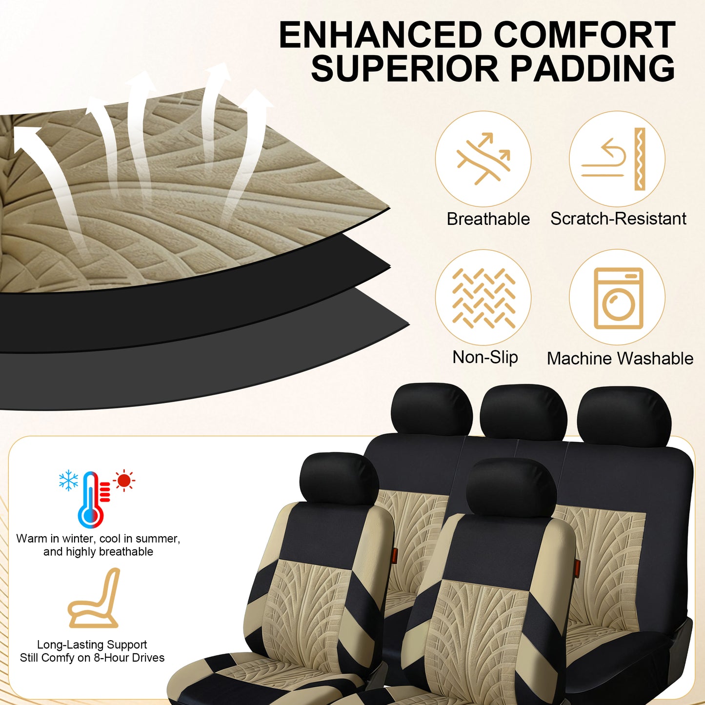 FLORAY 9-Piece Car Seat Covers - Airbag Safe, Thickened, Split Rear, Machine Washable - Universal Fit for Cars, SUVs, Trucks, Beige