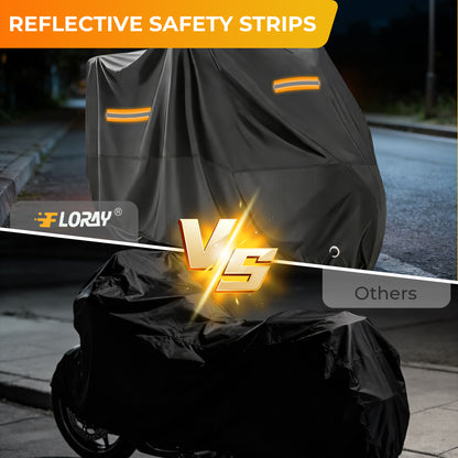 FLORAY Lightweight All-Season Motorcycle Cover, Waterproof Outdoor Protection with Reflective Strips and Windproof Buckles, 2XL, Black