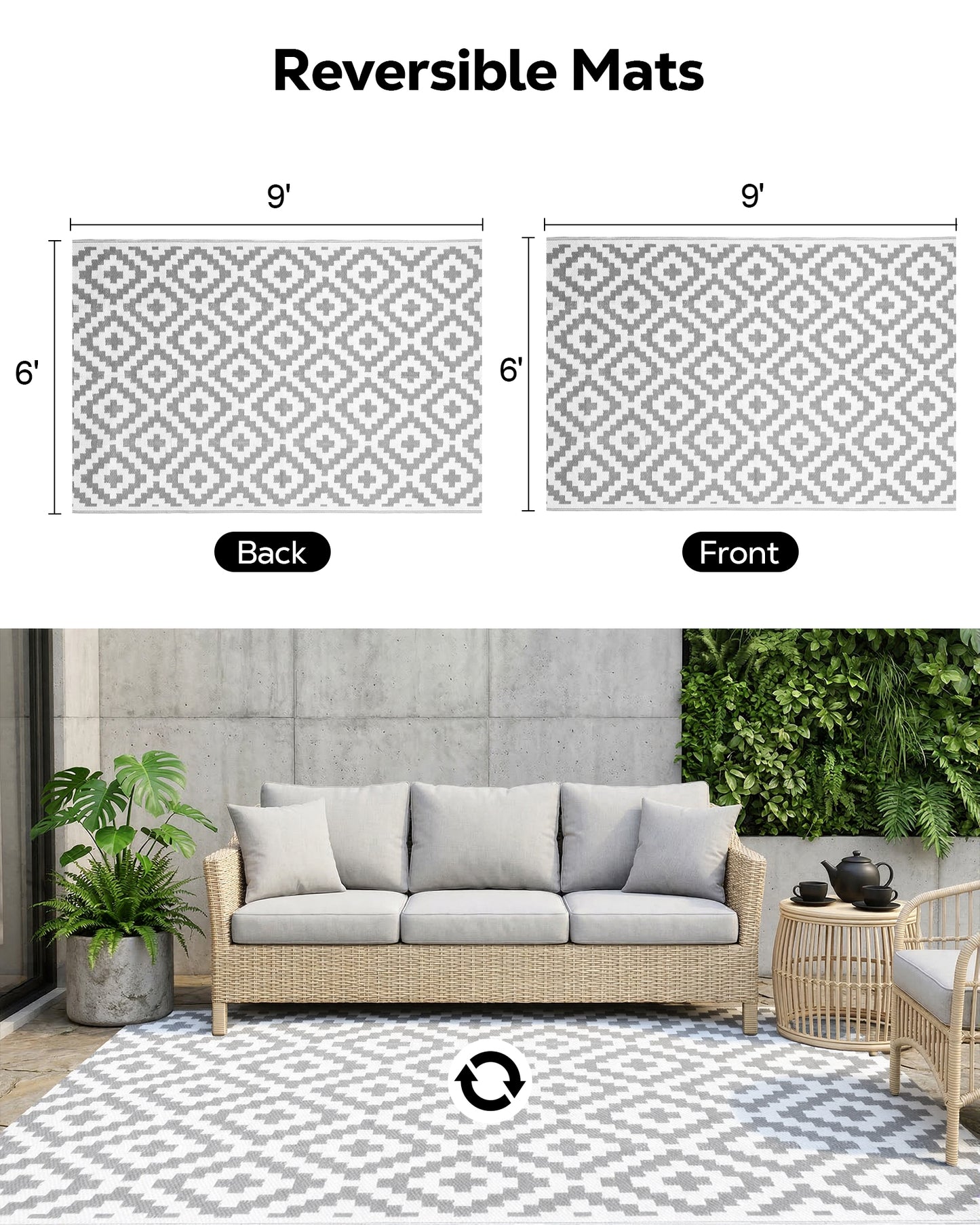 OHHANI Outdoor Rug, 6'x9', Waterproof Reversible Patio Rug, Plastic Straw Rug, RV Patio Deck Beach Gray