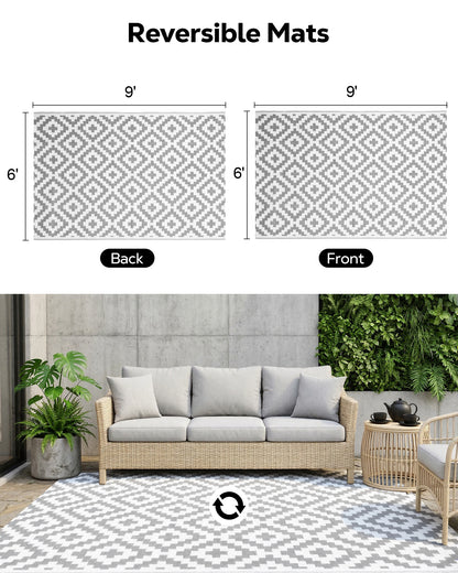 OHHANI Outdoor Rug, 6'x9', Waterproof Reversible Patio Rug, Plastic Straw Rug, RV Patio Deck Beach Gray