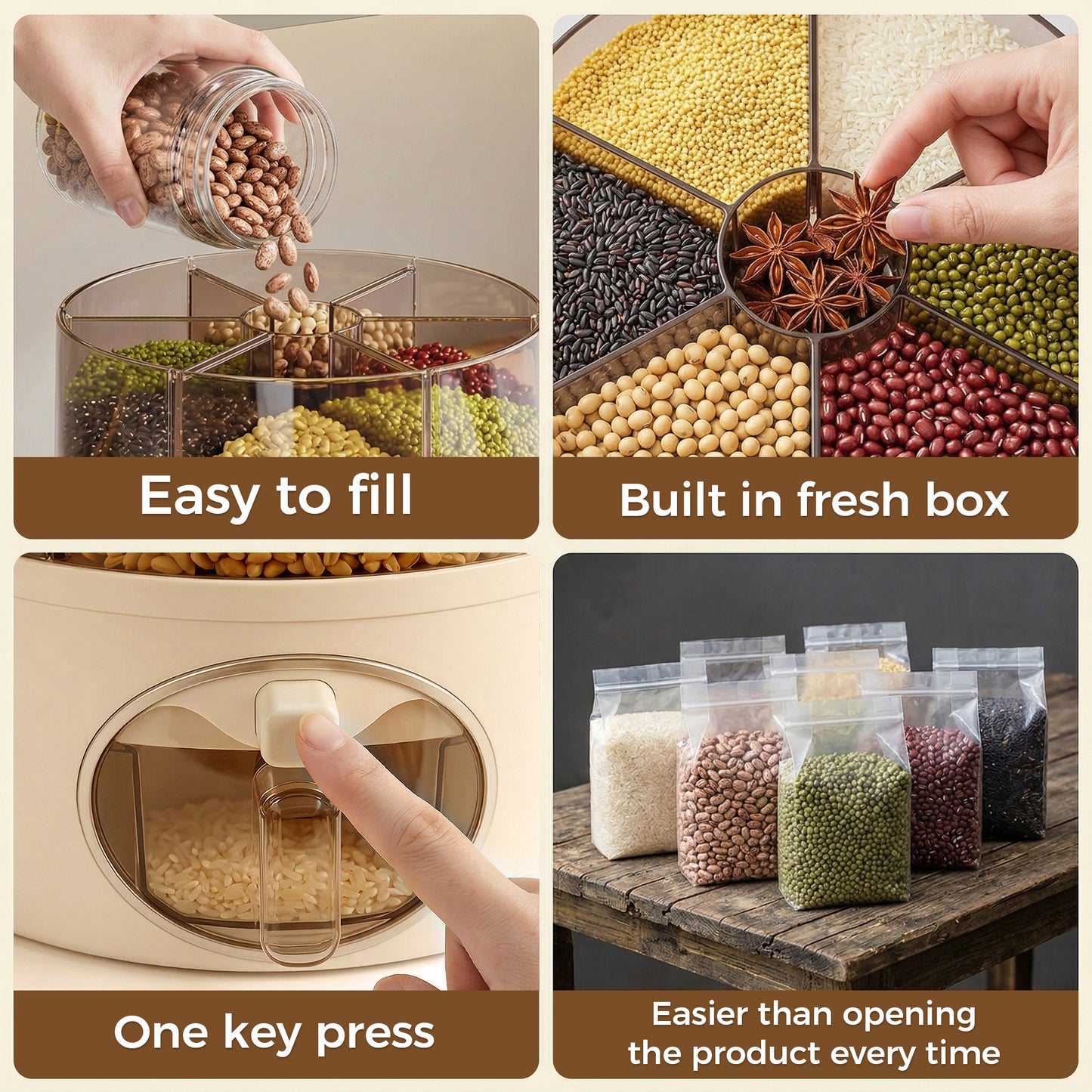 WEEUSE 360° Rotating Grain Dispenser, 22 lbs Large Capacity, 6 Compartments, One-Press Dispensing, Clear Rice & Cereal Storage for Kitchen Pantry