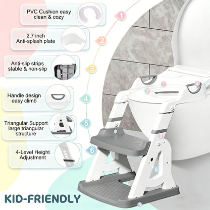 QRNYYOE Potty Training Seat 2-in-1 with 2 Step Ladder, Foldable and Adjustable Height Toddler Toilet Step Stool
