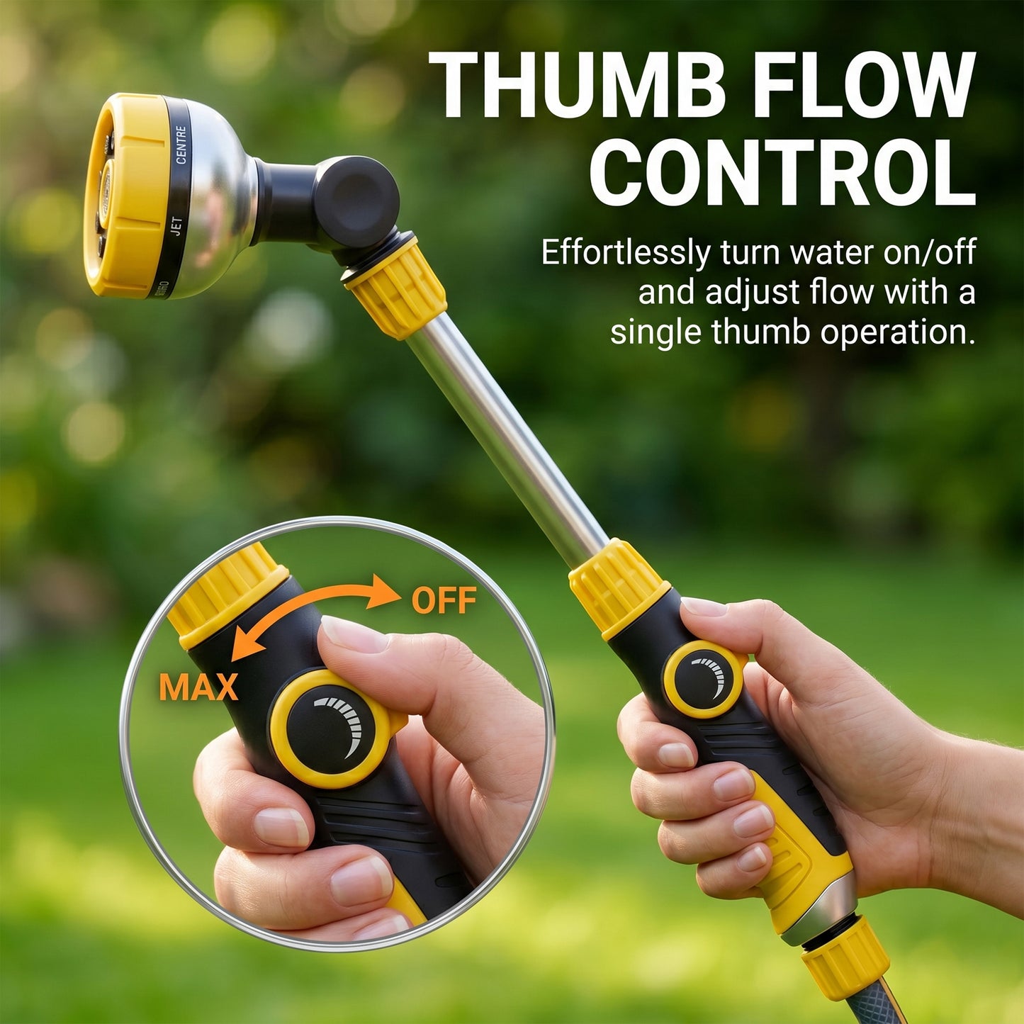OHHANI Metal Watering Wand with 8 Spray Patterns Thumb Control, 180° Adjustable Nozzle, for Watering Hanging Baskets Yellow
