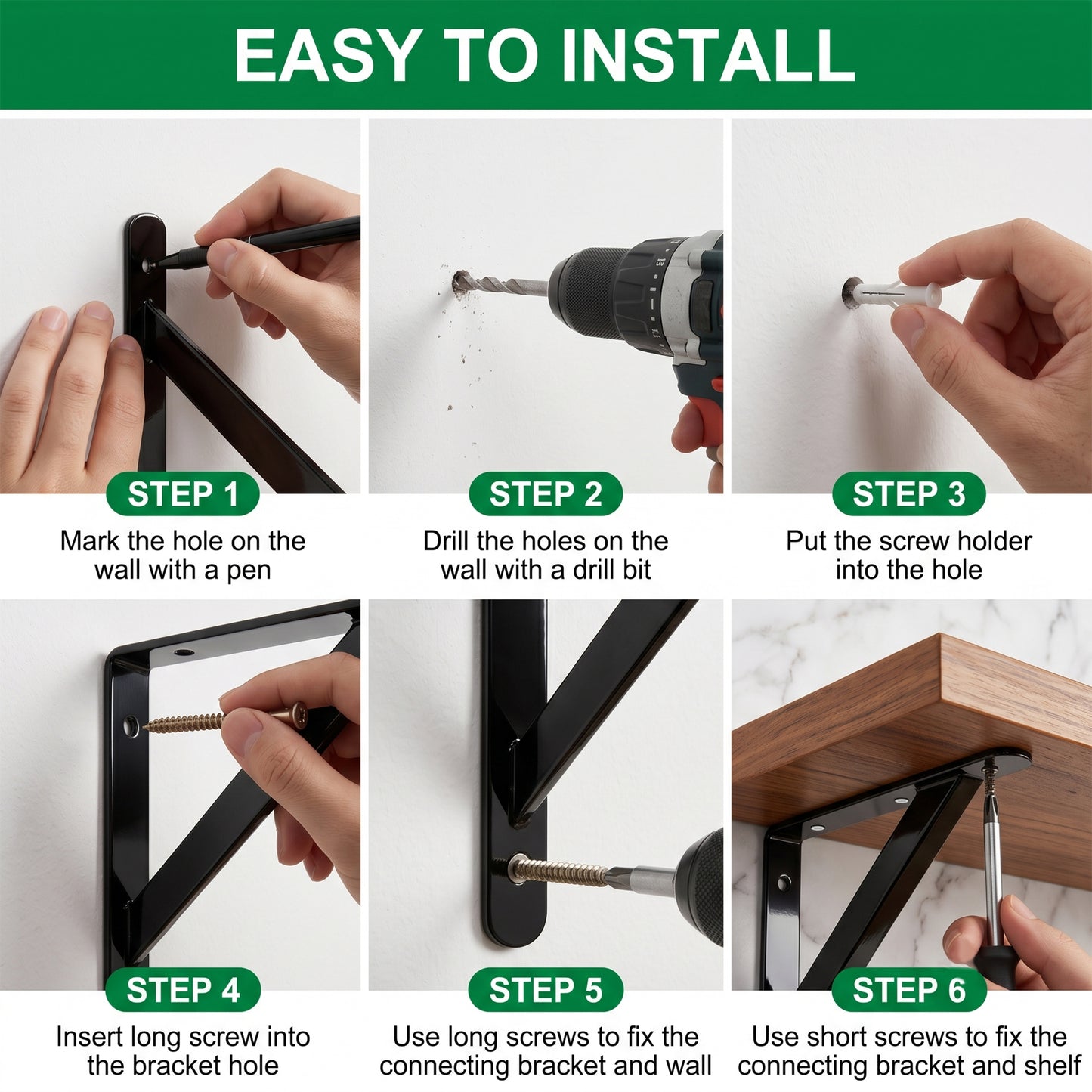 Riousery 12 Pack Heavy Duty Shelf Brackets, 2mm Thick Steel L Brackets for Wall Shelves, 7.9 x 4.7 in, 2mm Thick Carbon Steel Wall Shelf Supports with Mounting Hardware, Black