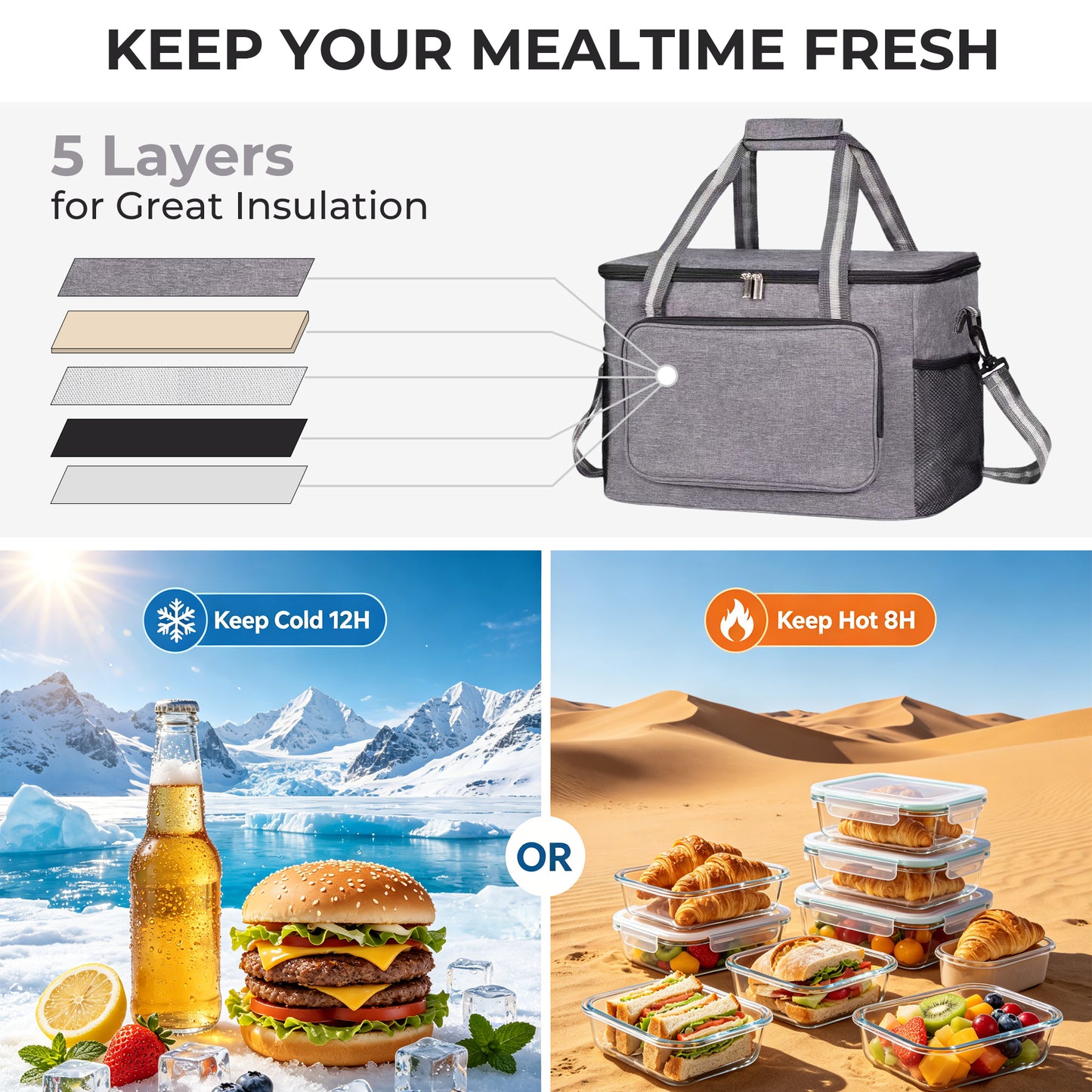 OHHANI Insulated Cooler Bag, 48 Can Leakproof 2-Compartment Camping Cooler with 24H Ice Retention, Soft Portable Cooler for Beach, Picnic, Hiking, Travel