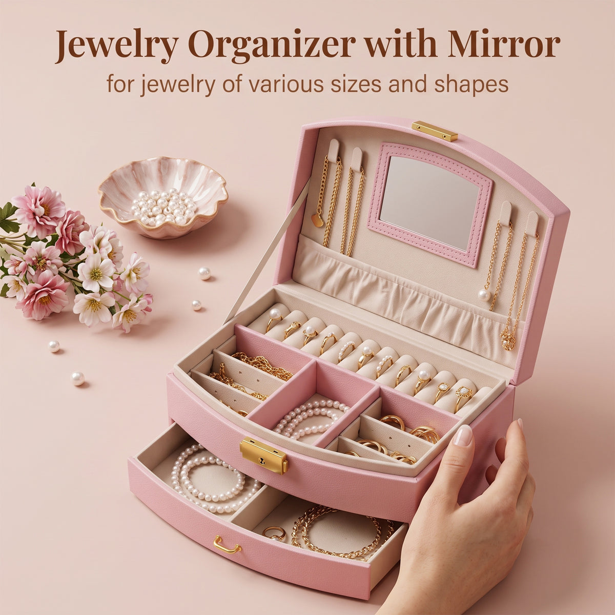 Bokyan 2 Layer Jewelry Box, Women Jewelry Organizer Earrings Ring Necklace Leather Travel Jewelry Case