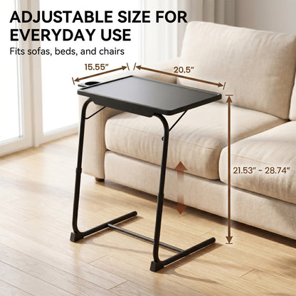 Riousery TV Tray Table with Cup Holders, Portable C-Shaped Side Dinner Tray Table, Adjustable 6 Heights & 3 Tilt Angle for Living Room, Bedroom, Black