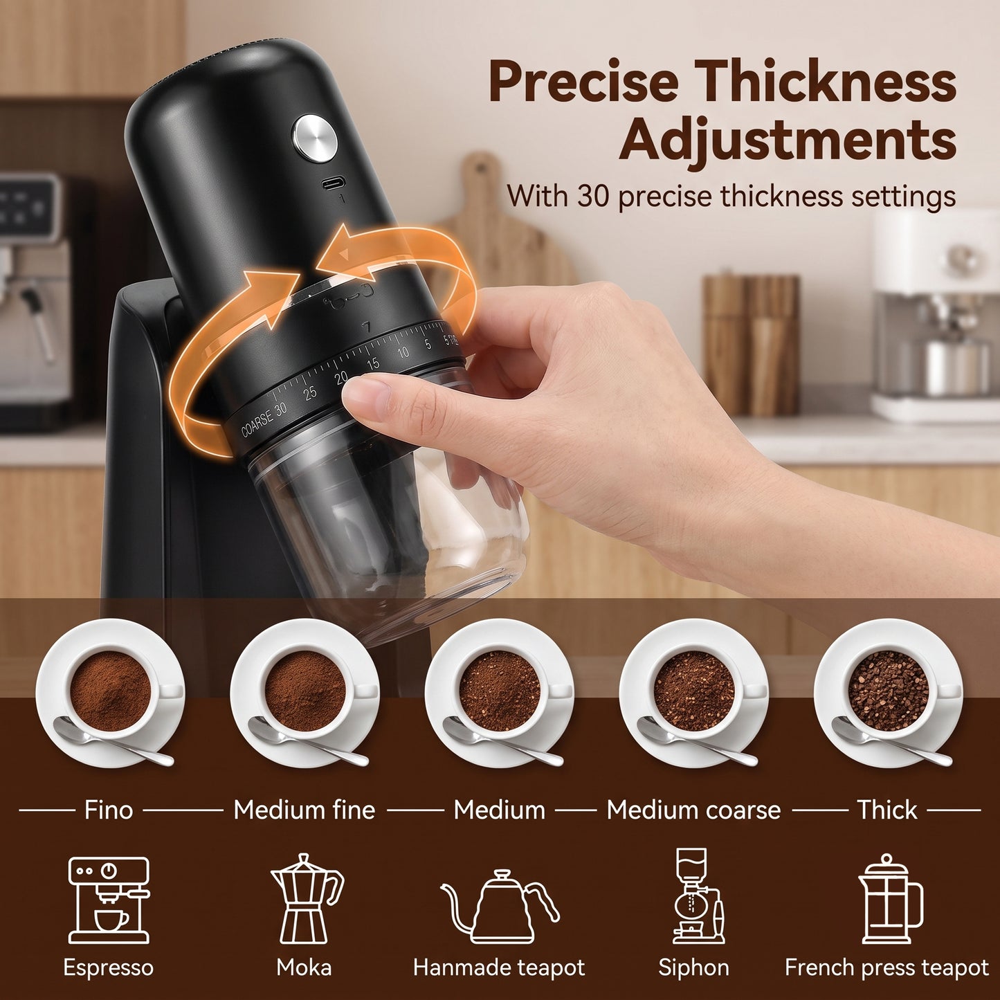 M Buder Electric Coffee Grinder, One-Touch Automatic Burr Coffee Grinde, Spice Grinder 30 Precise Grind Settings