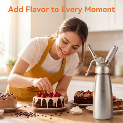 M Buder Whipped Cream Dispenser, Whip Cream Maker 500mL for Desserts Gourmet Cream Whipper with 3 Decorating Nozzles, Cleaning Brush, Silver