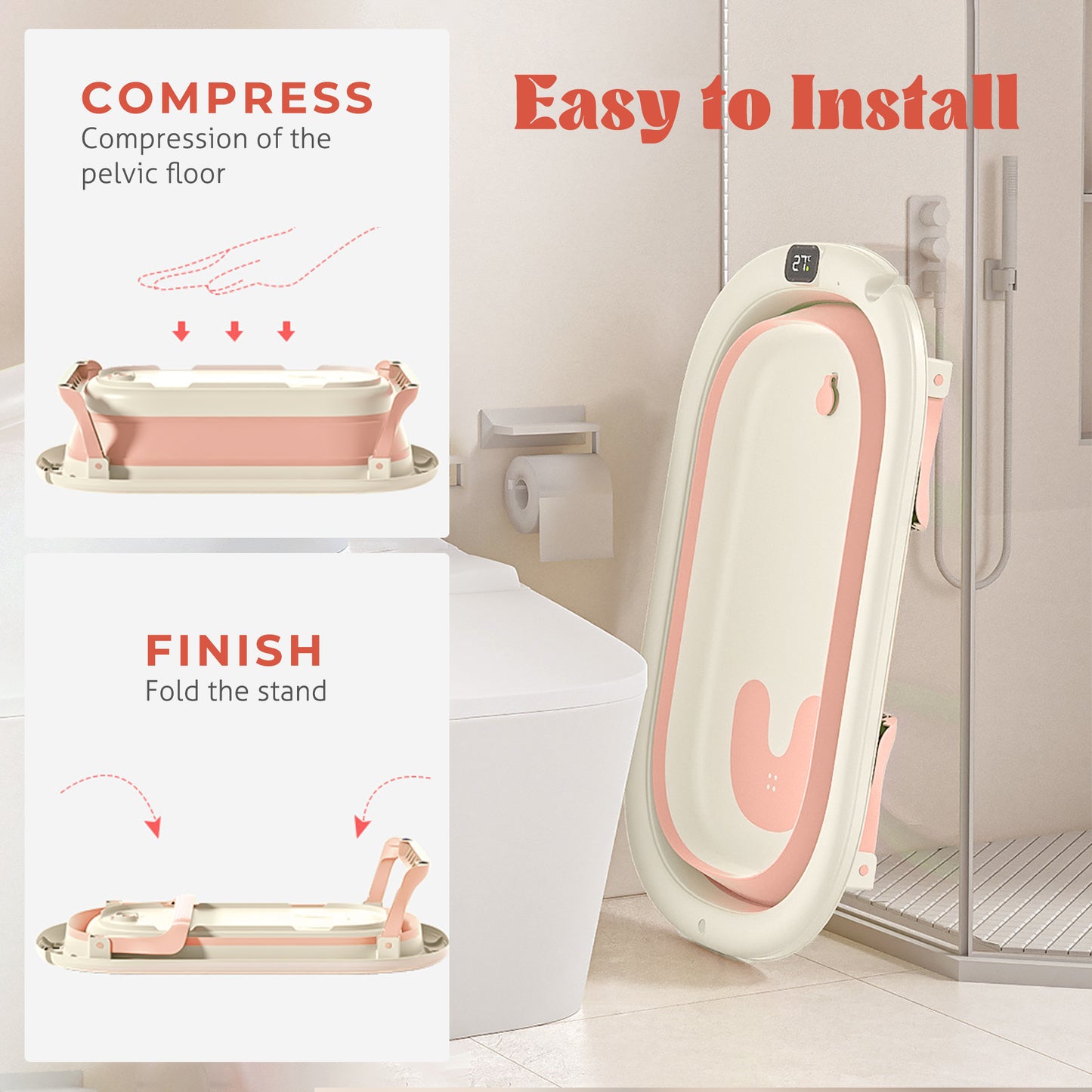 Rupoun Foldable Baby Bathtubs, Collapsible Bathtub for Infant Newborn Boys and Girls, Portable, Plastic, Pink