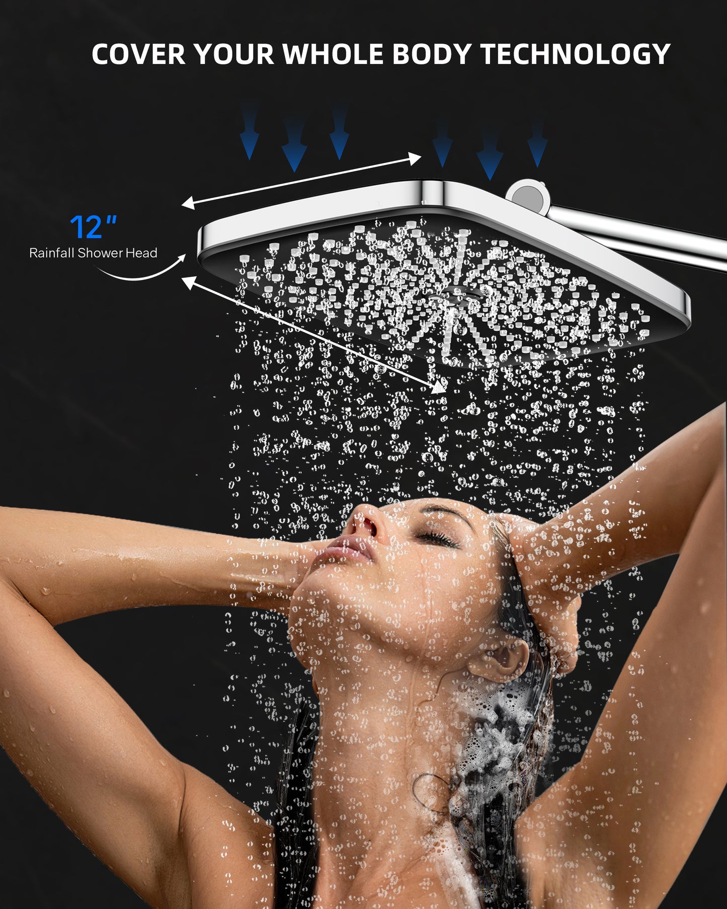 Hodvit 12 Inch High Pressure Rainfall Shower Head 10 Spray Handheld Showerhead Combo, with Extension Arm, Hose, New