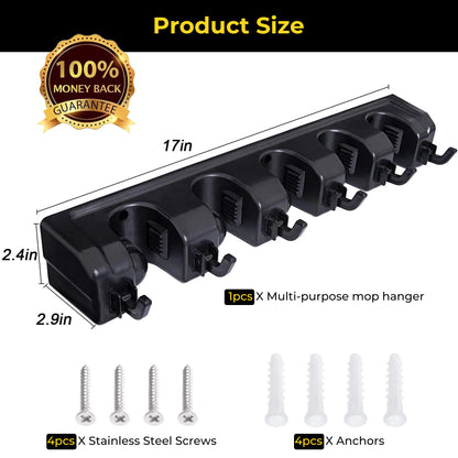 BIMZUC Wall Mount Broom Holder, 5-Position Plastic Organizer with Hooks, for Home and Garden Cleaning Tools