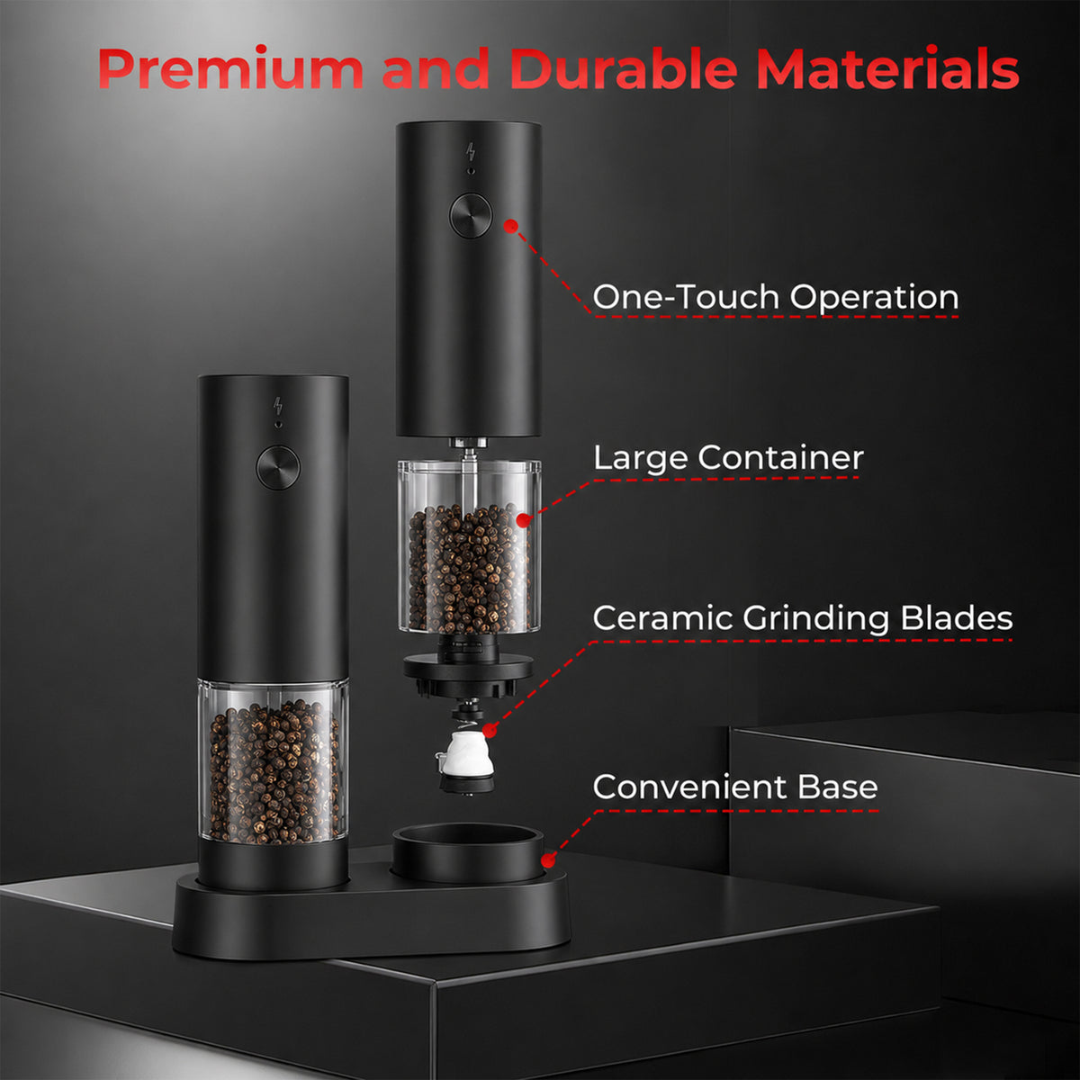 M Buder Electric Salt and Pepper Grinder Set, Automatic USB Rechargeable Pepper Mill Shakers Adjustable Coarseness Easy Filling, 2 Pack, Black