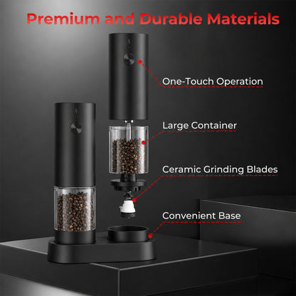 M Buder Electric Salt and Pepper Grinder Set, Automatic USB Rechargeable Pepper Mill Shakers Adjustable Coarseness Easy Filling, 2 Pack, Black