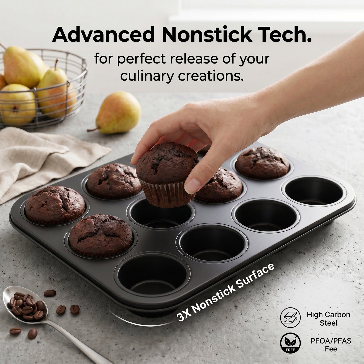 M Buder Baking Pans Set, 5 Piece Non-Stick Carbon Steel Bakeware Set with Muffin Pan & Cookie Sheet & Cake Pan, Black