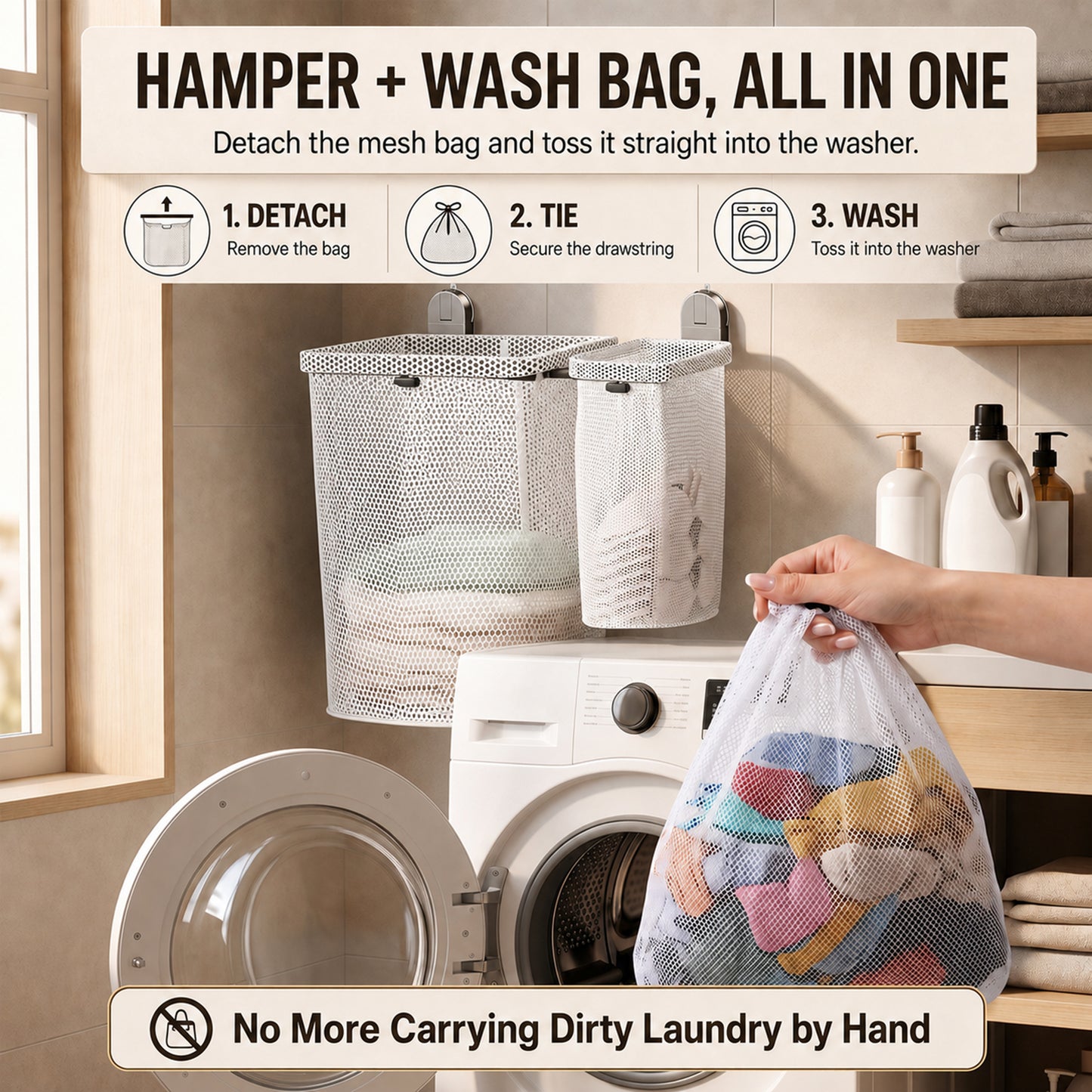 Riousery Wall Mounted Foldable Laundry Hamper, No-Drill Suction Cup Mount, 4 Removable Mesh Wash Bags