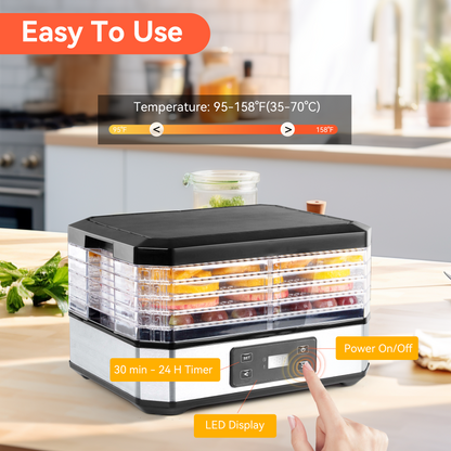 M Buder Food Dehydrator Machine 5 Tray, Adjustable Timer and Temperature, for Drying Jerky and Fruits, Black