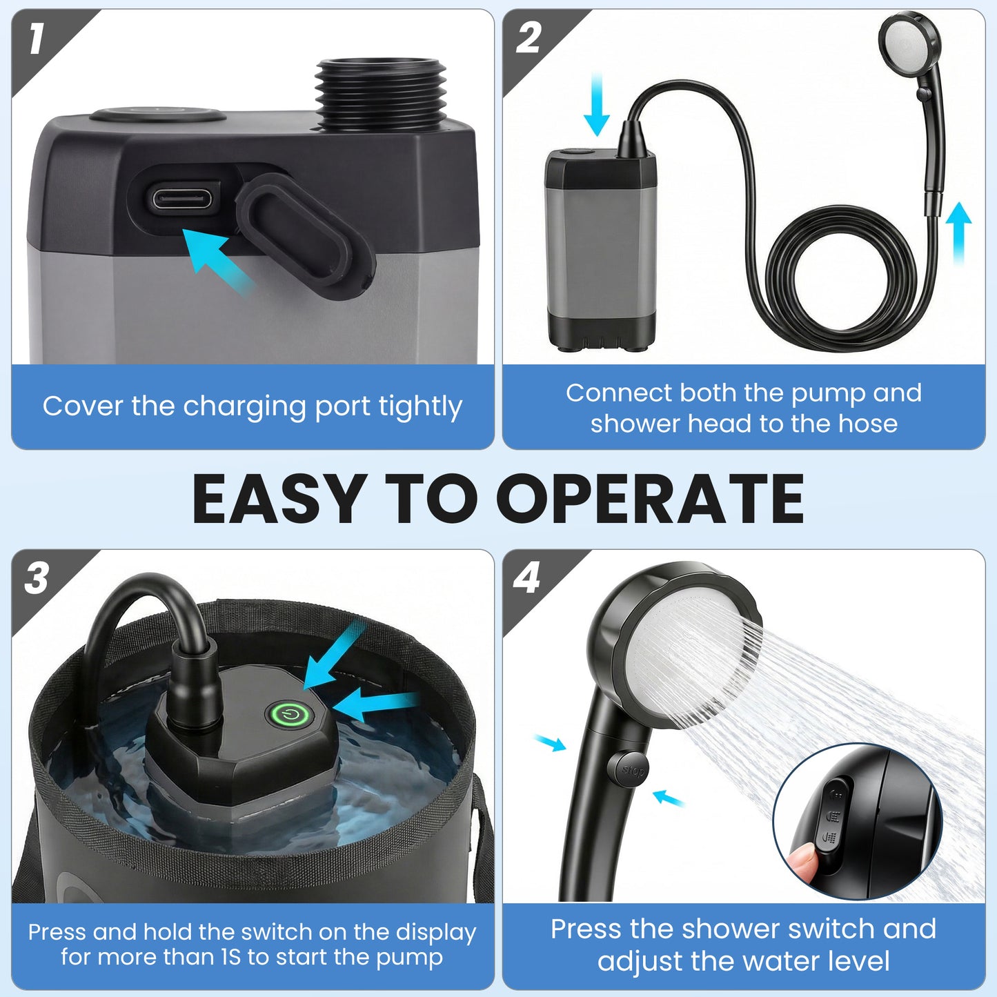 OHHANI Portable Shower for Camping LED Display 6000mAh Large Capacity Foldable Bucket for Hiking, RV, Traveling, Car Washing