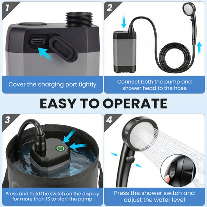 OHHANI Portable Shower for Camping LED Display 6000mAh Large Capacity Foldable Bucket for Hiking, RV, Traveling, Car Washing