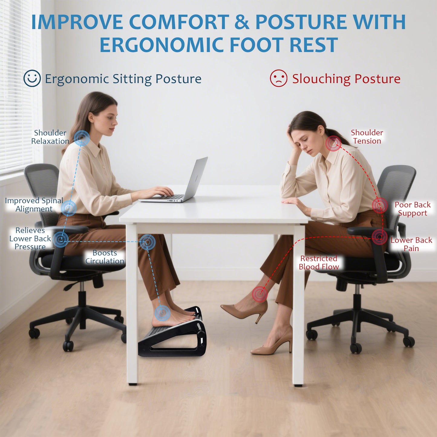 WEENEED Adjustable Ergonomic Foot Rest Under Desk with 6 Heights, Massage Surface & Rollers, Portable Foot Stool for Office, Home & Travel – Black