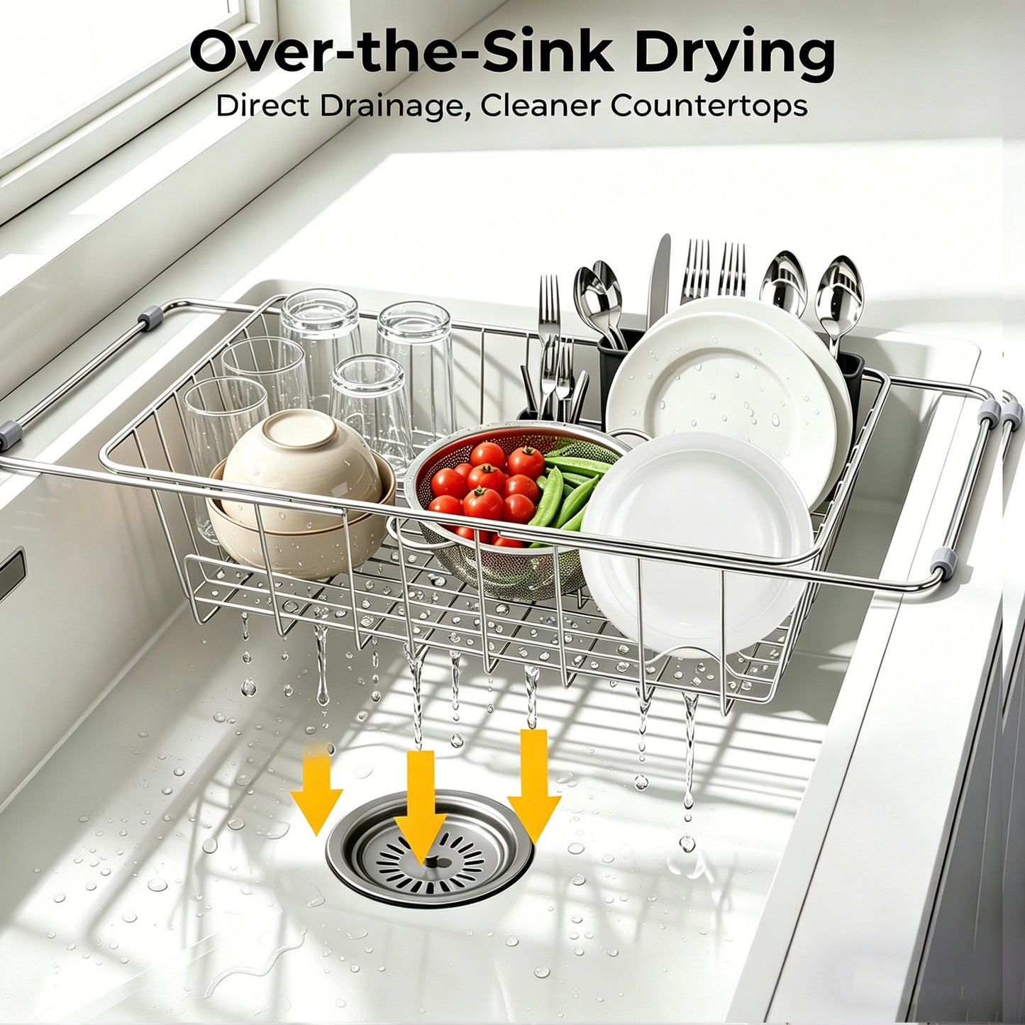 Riousery Dish Drying Rack, Stainless Steel Expandable Over Sink Dish Rack, Adjustable Dish Drainer for Kitchen Sink or Countertop, Space-Saving Design, 11.8"–16.5"