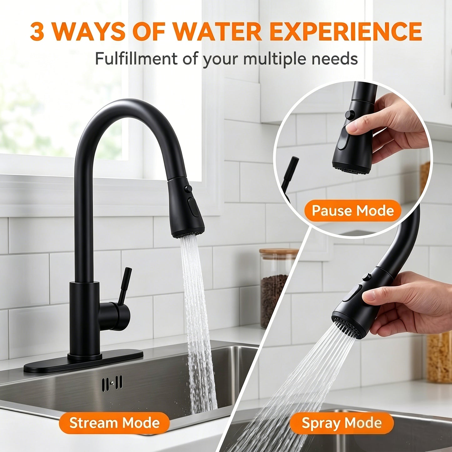 HODVIT Kitchen Faucet with Pull Down Sprayer, Matte Black Stainless Steel Kitchen Sink Faucet with Deck Plate