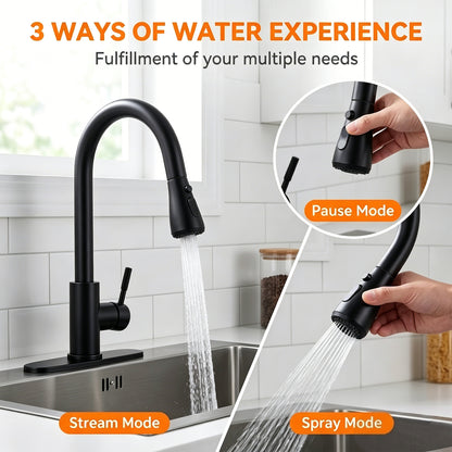 HODVIT Kitchen Faucet with Pull Down Sprayer, Matte Black Stainless Steel Kitchen Sink Faucet with Deck Plate