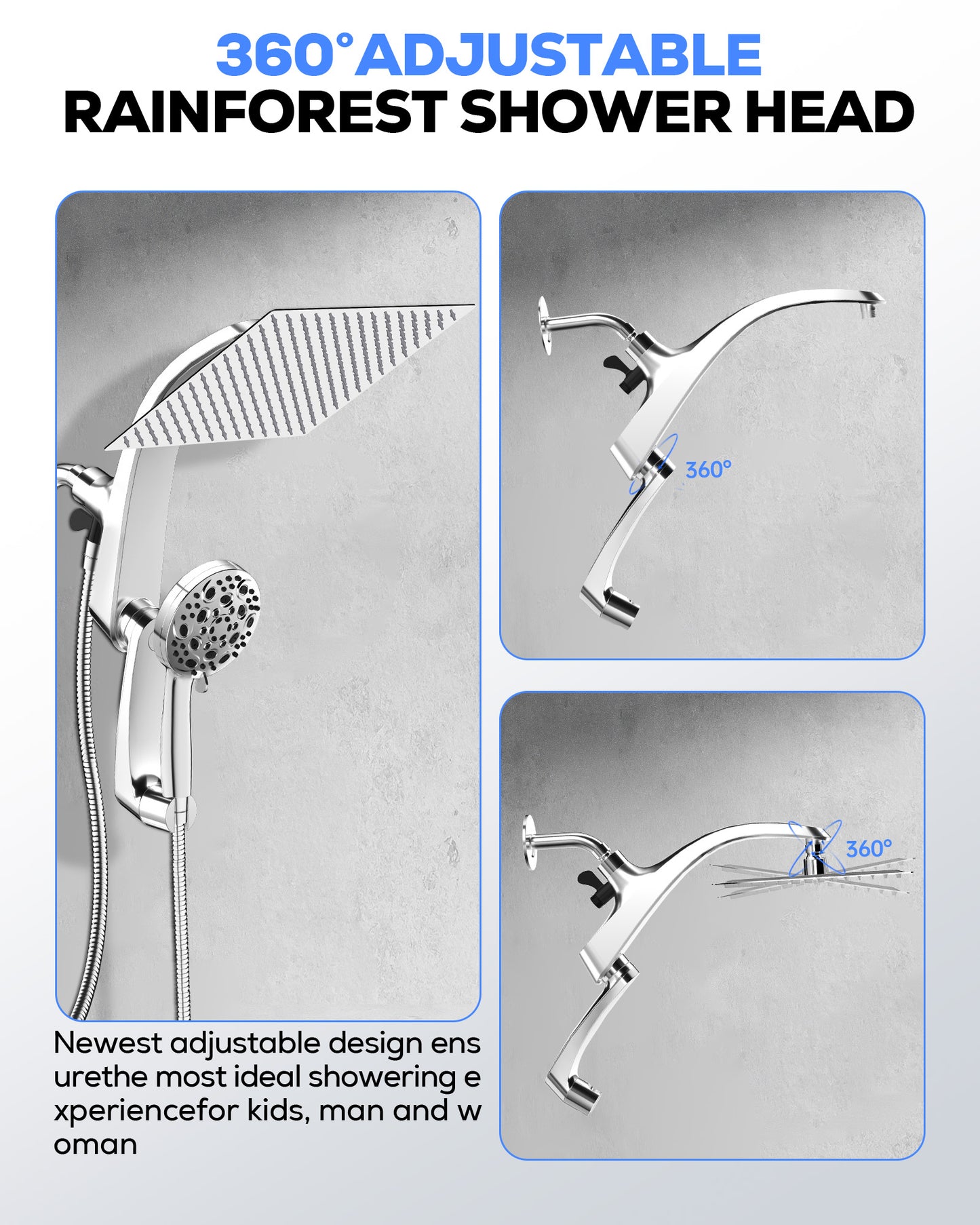 Hodvit High Pressure Rainfall Shower Head 10 Spray Handheld Showerhead Combo, 360° Degree Rotating Extension Arm, New