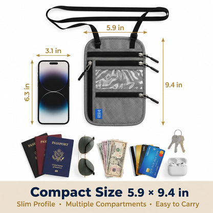 Riousery RFID Passport Holder Neck Wallet, Waterproof Nylon Travel Wallet with ID Window, Zipper Pockets and Adjustable Strap for Women and Men, Light Gray