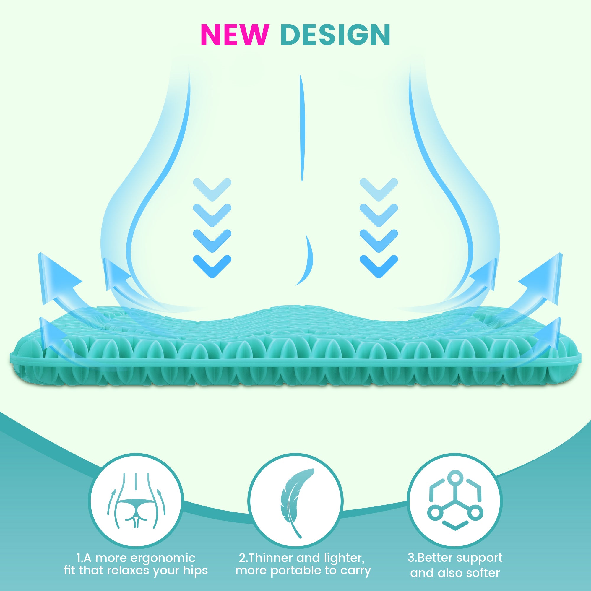 AOLIGO Gel Seat Cushion for Long Sitting, 17" x 15" Enlarged Thickened Pad, Soft & Breathable Office and Wheelchair Comfort, Cyan