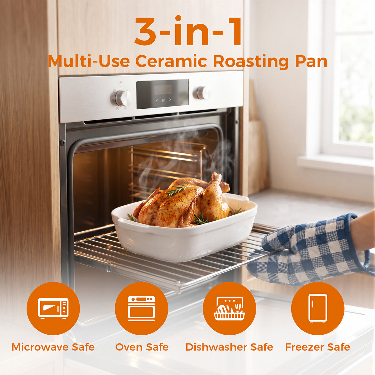 M Buder Casserole Dishes for Oven, Ceramic Baking Dish Set of 3, Thick Rectangular Baking Pans with Handles for Baking Cake, White