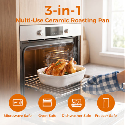 M Buder Casserole Dishes for Oven, Ceramic Baking Dish Set of 3, Thick Rectangular Baking Pans with Handles for Baking Cake, White