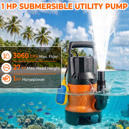 OHHANI Water Pump 1HP 3500GPH 17ft Power Cord Portable Submersible Water Pump for Swimming Pools, Garden Ponds, Basements