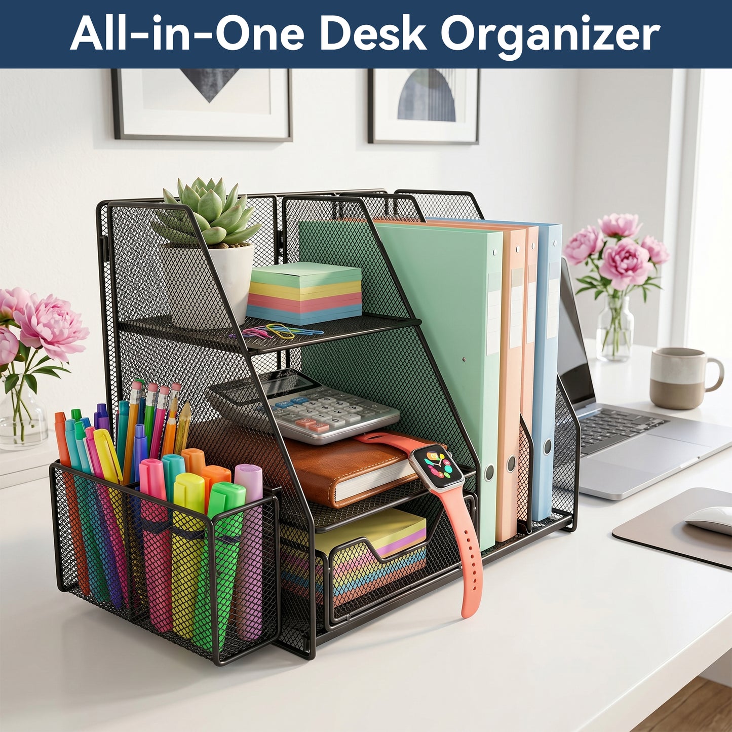 Riousery Desk Organizer with Drawer and 2 Pen Holders, Mesh File Organizer for Desk, Space-Saving Desktop Organizer for Office, Home, School