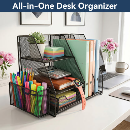 Riousery Desk Organizer with Drawer and 2 Pen Holders, Mesh File Organizer for Desk, Space-Saving Desktop Organizer for Office, Home, School
