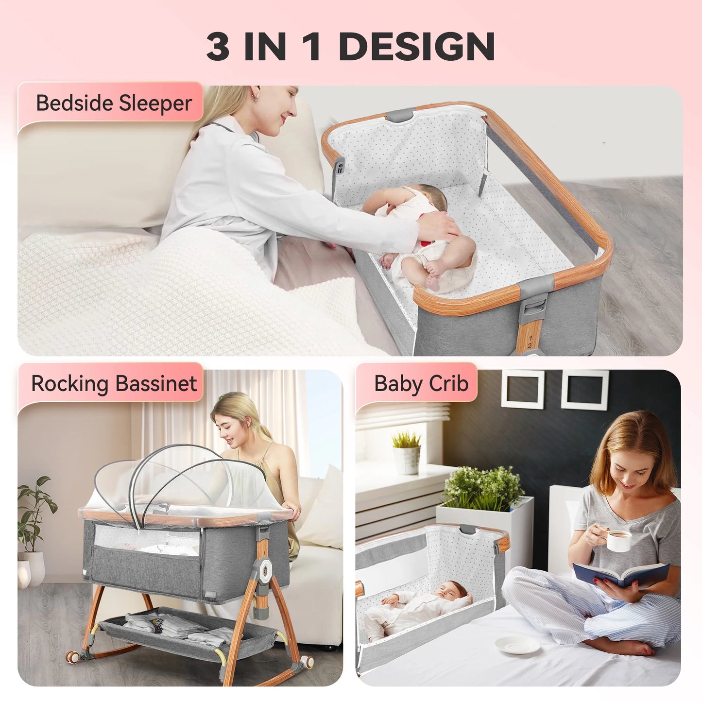 Rupoun Bassinet, Bedside Sleeper, Foldable Baby Crib with 6 Adjustable Heights and Mesh Panels, for Infant Newborn Child, Gray