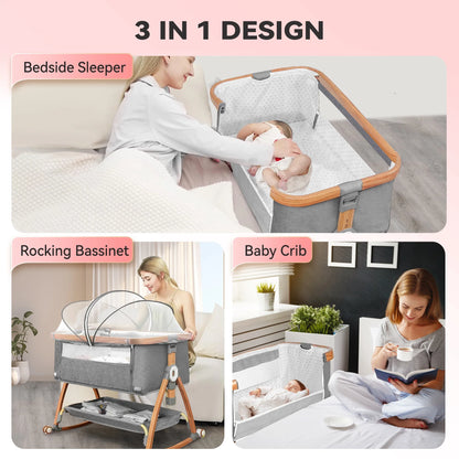 Rupoun Bassinet, Bedside Sleeper, Foldable Baby Crib with 6 Adjustable Heights and Mesh Panels, for Infant Newborn Child, Gray
