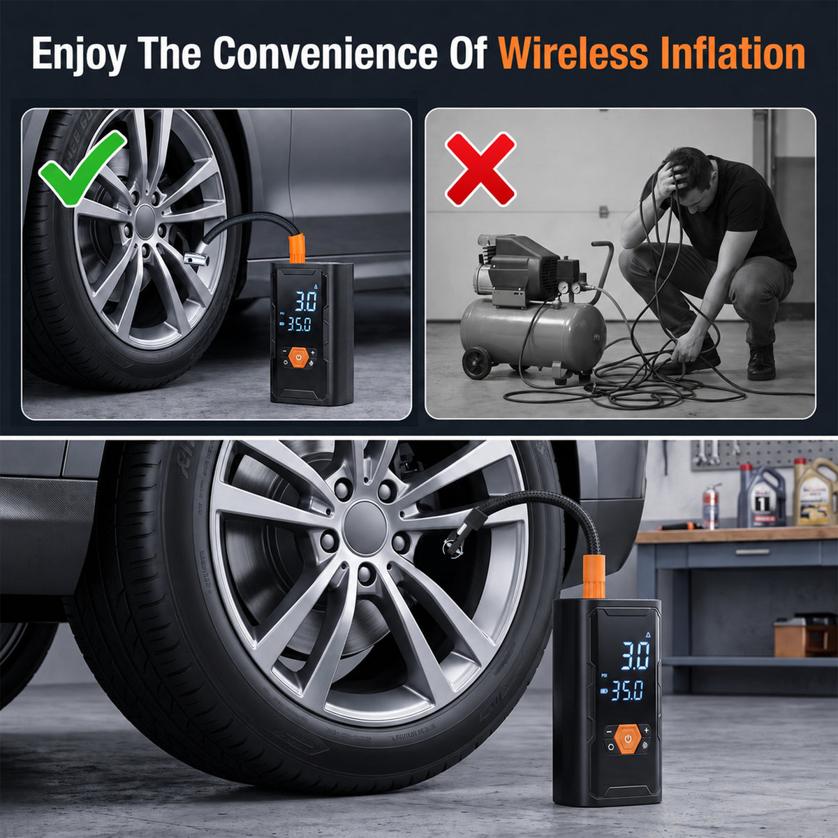 MORSUMA Cordless Portable Air Compressor 150 PSI 3000mAh with LED Light, Black and Orange