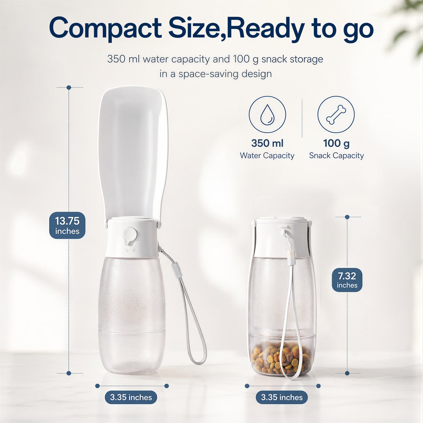 Tolobeve 3-in-1 Portable Dog Water Bottle with 12oz Water and 3.5oz Food Container, White