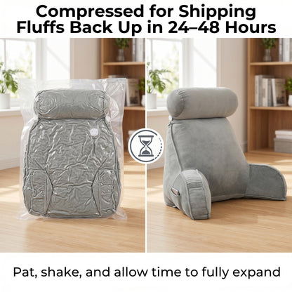 Riousery Reading Pillow with Arms and Semi-Round Neck Roll, Bed Rest Pillow for Sitting Up in Bed, Back Support Pillow with Phone Pocket for Reading, Watching TV and Gaming, Gray