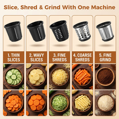 M Buder Electric Cheese Grater, 5 Blades Electric Grater for Home Kitchen, One-Touch Control Electric Cheese Shredder , Mandoline Slicer, Battery Digital Display, Gray