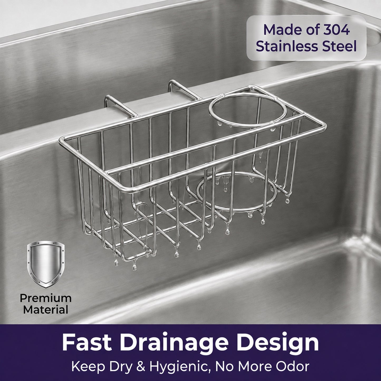 Riousery Compact Kitchen Sink Caddy, Hanging Sponge Holder for Double Sink Divider, 6.7 x 4.0 x 2.9 in Stainless Steel Mini Sink Organizer with Brush Holder and Dishcloth Bar