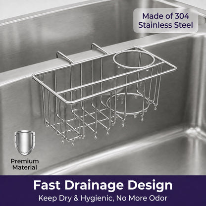 Riousery Compact Kitchen Sink Caddy, Hanging Sponge Holder for Double Sink Divider, 6.7 x 4.0 x 2.9 in Stainless Steel Mini Sink Organizer with Brush Holder and Dishcloth Bar