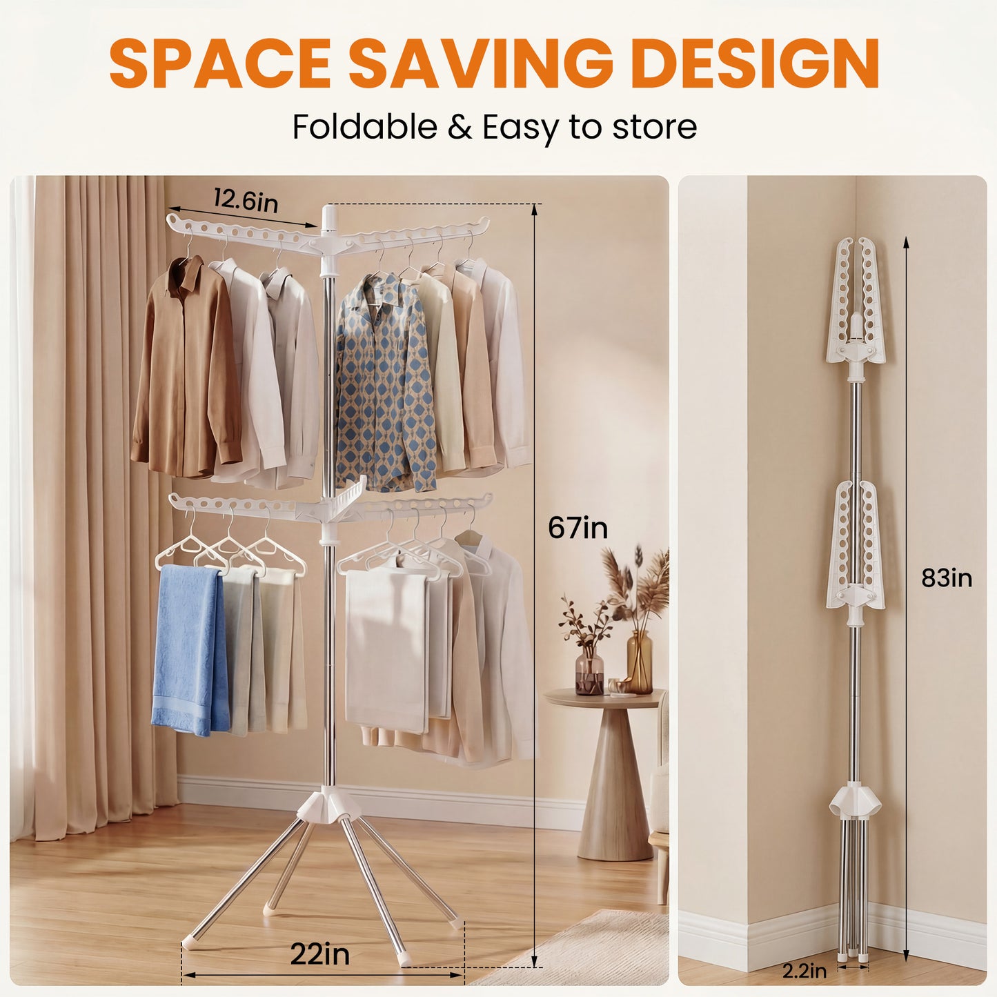 WEEUSE Clothes Drying Rack, Space Saving and 2-Tier Design, 6 Rotating Arms, Stainless Steel Frame with Quad Base, 74.8 in Height