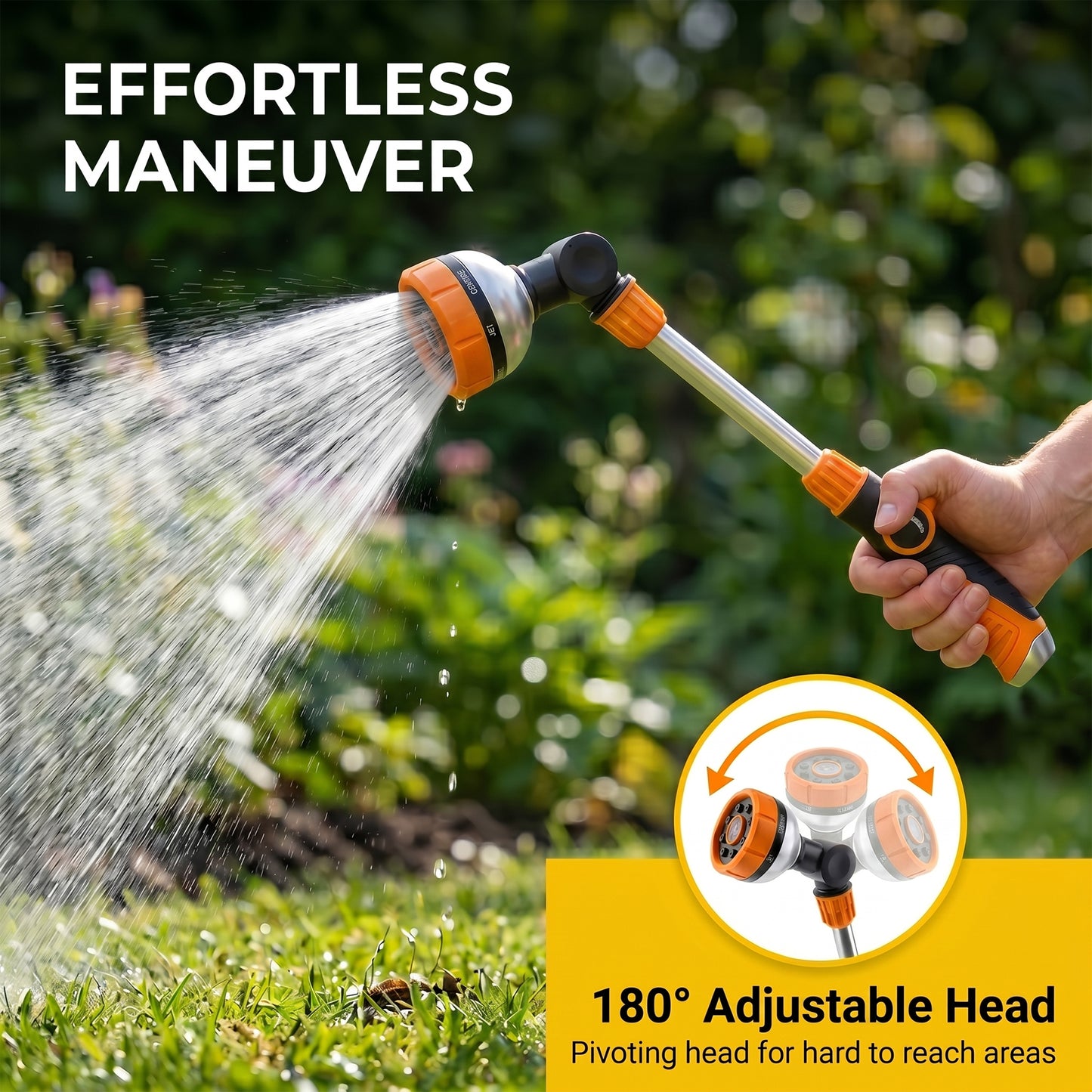 OHHANI Metal Watering Wand with 8 Spray Patterns Thumb Control, 180° Adjustable Nozzle, for Watering Hanging Baskets, Shrubs, and Car Washing