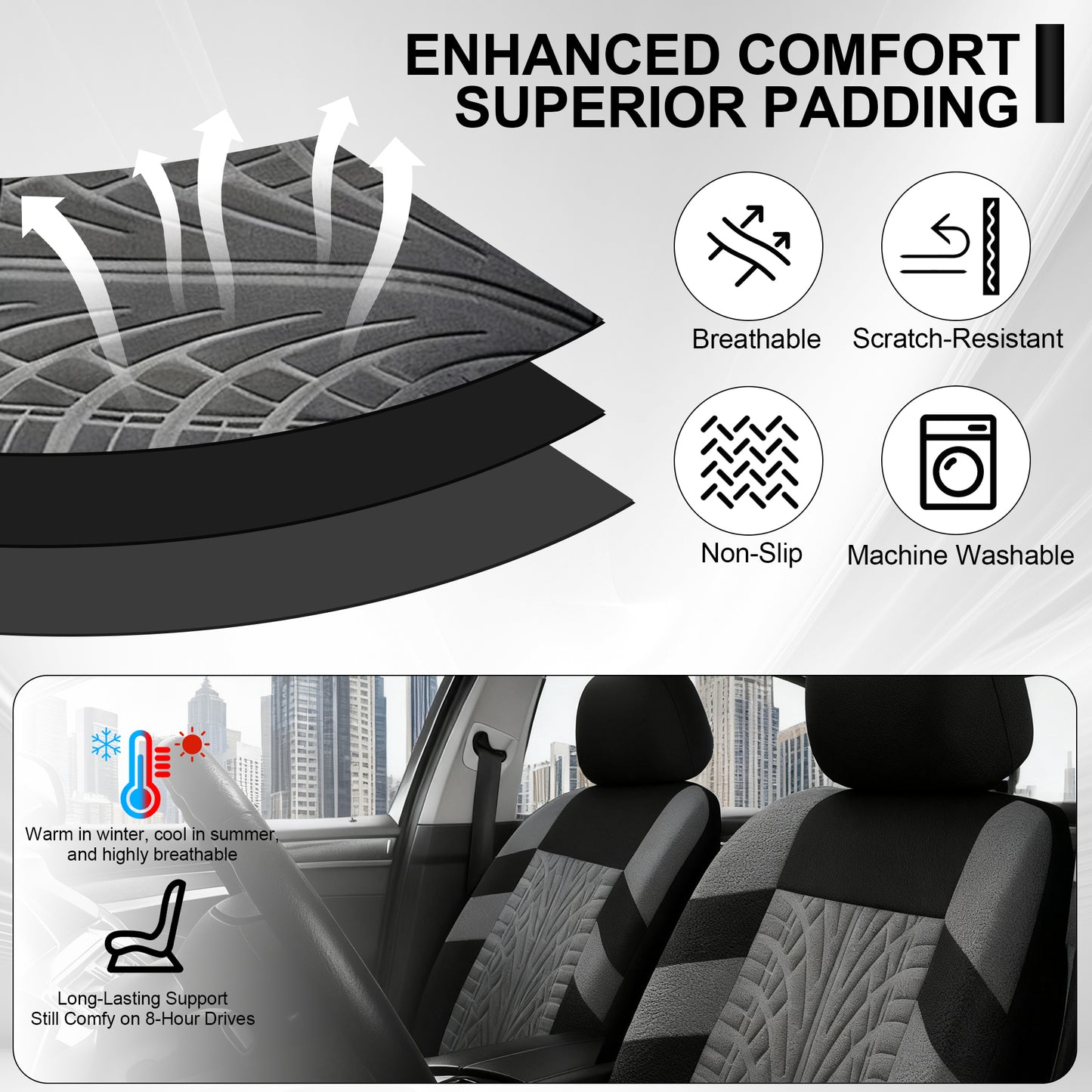 FLORAY 9-Piece Car Seat Covers - Airbag Safe, Thickened, Split Rear, Machine Washable - Universal Fit for Cars, SUVs, Trucks, Gray